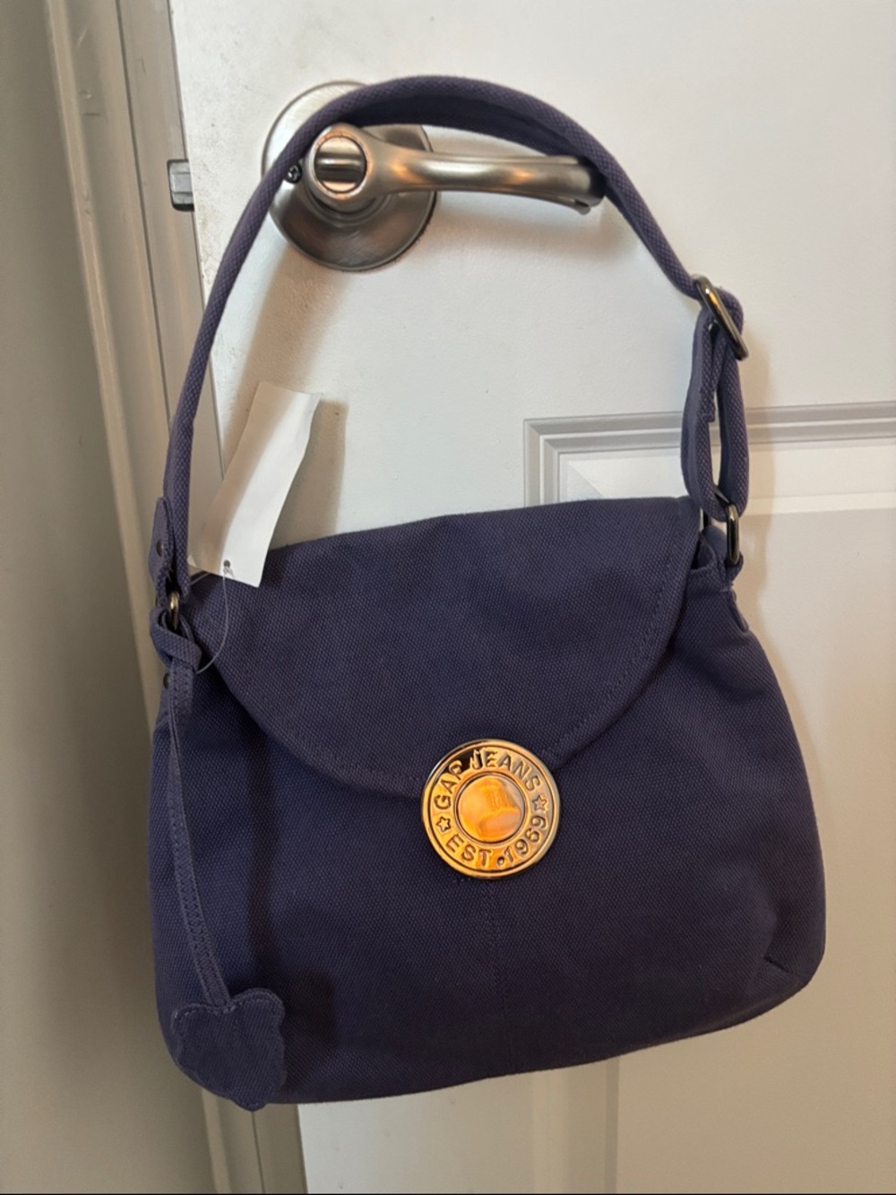 GAP Jean Y2K Purple Canvas Shoulder Bag with Gold-Tone Logo Medallion